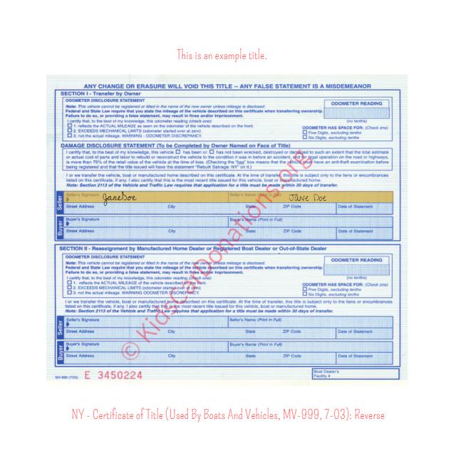This is an Example of New York Certificate of Title (Used BY Boats And Vehicles, MV-999, 7-03) Reverse View | Kids Car Donations